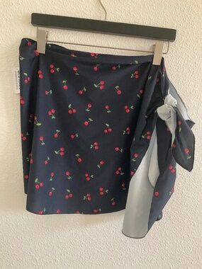 Old Navy Swim Sarong Side Tie L-XL - Navy Blue with Cherry Design